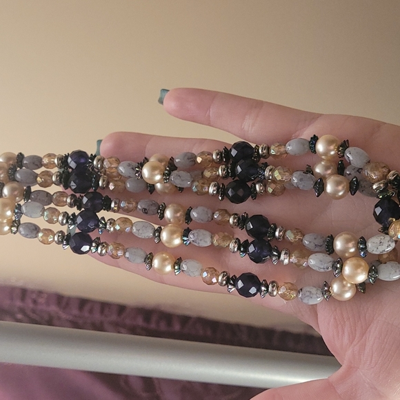 3 layer beaded necklace: pearl, blue, marble, silver beads, etc. Estate find. - Picture 3 of 8
